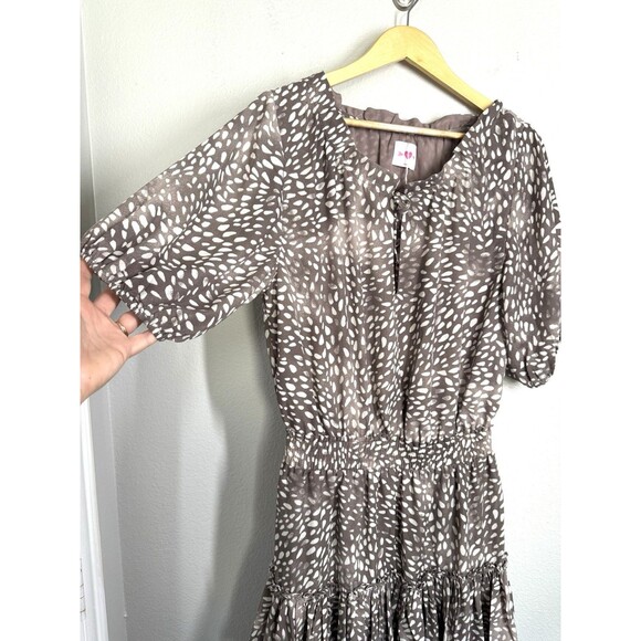 NWOT Buddy Love Dalmation Print Balloon Sleeve Brown Ruffle Dress Women’s Size M - Picture 3 of 11
